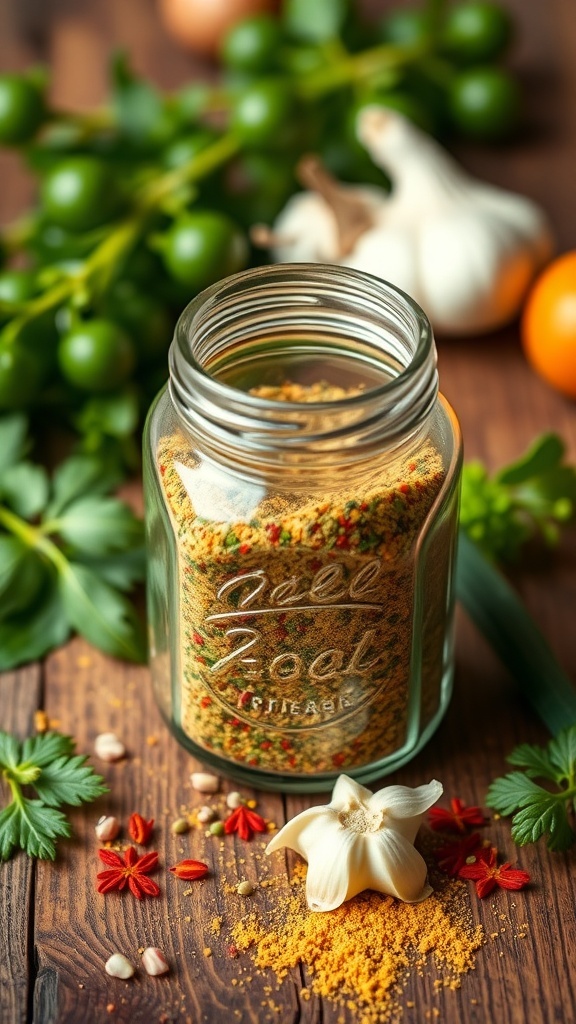 A jar of chicken seasoning blend with herbs and spices on a wooden table.